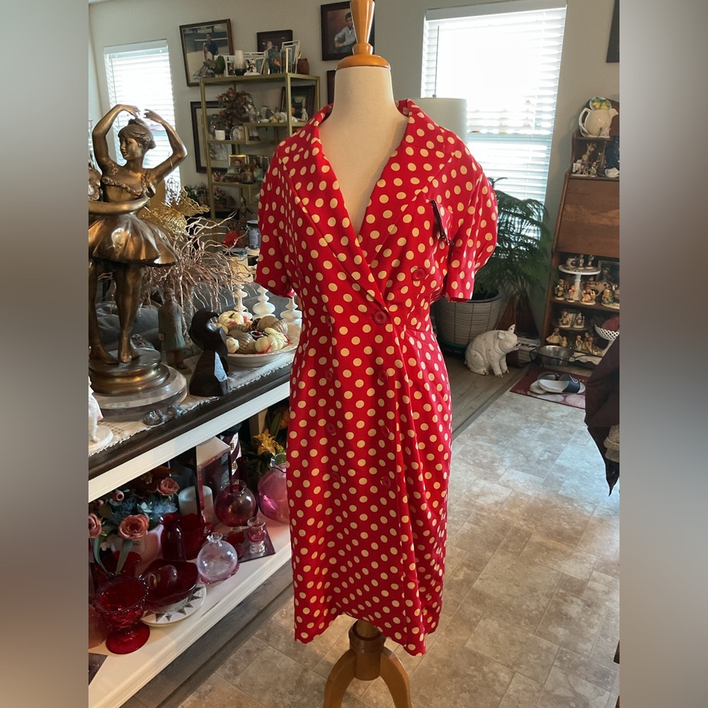 Nippon Boutique Red White Polkadot Double Breast Padded Shoulder Dress